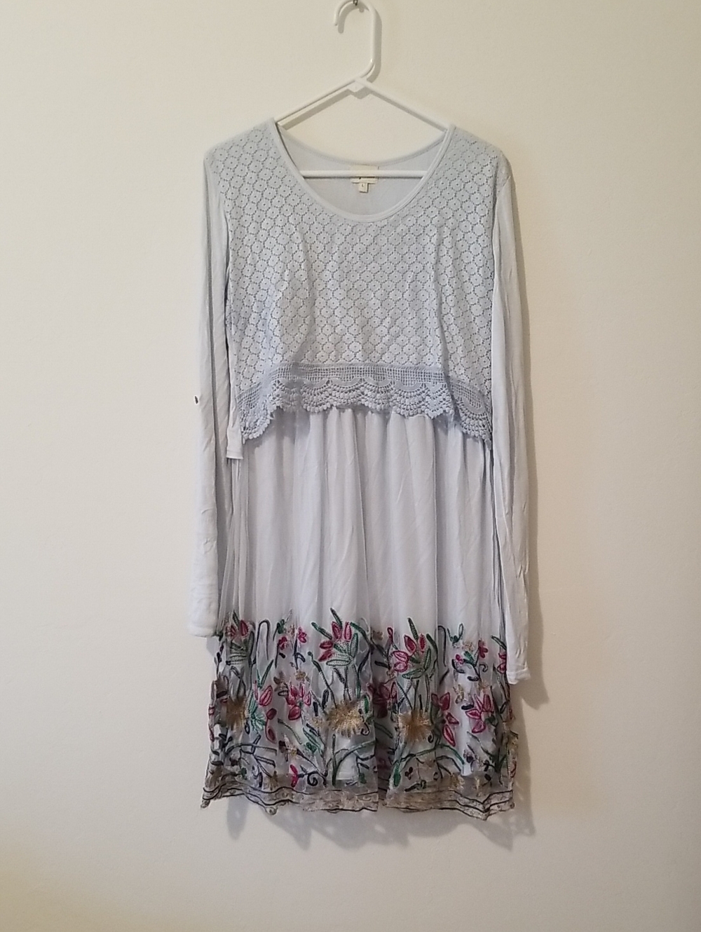 Light Blue Long-Sleeve Crochet Bodice Dress with Floral Hem